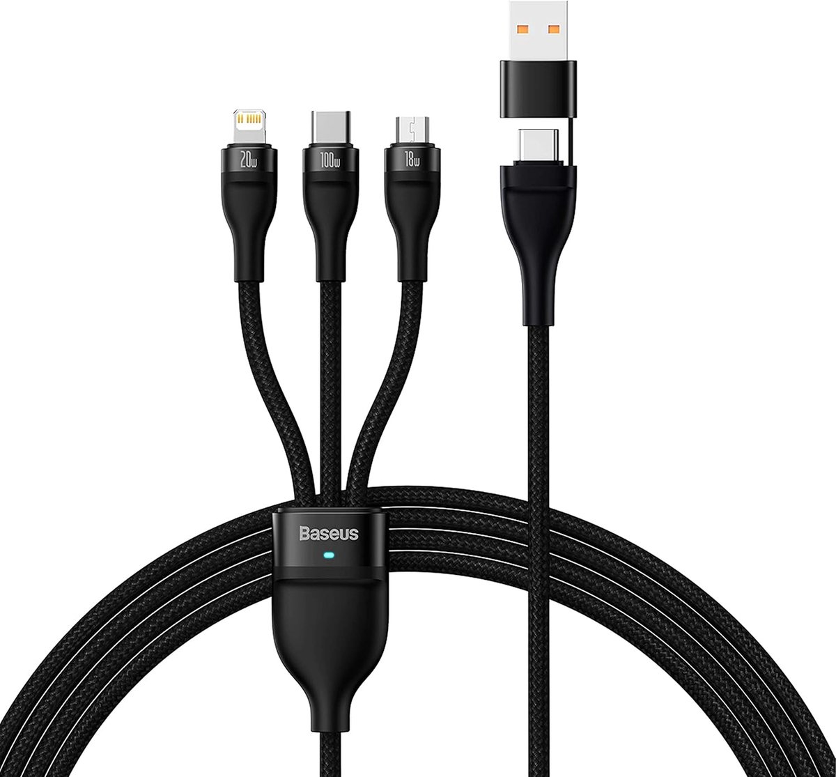 Universpole Oplaadkabel 3-in-1 USB-C, Micro USB en Lightning, 100W, 1.2 meter