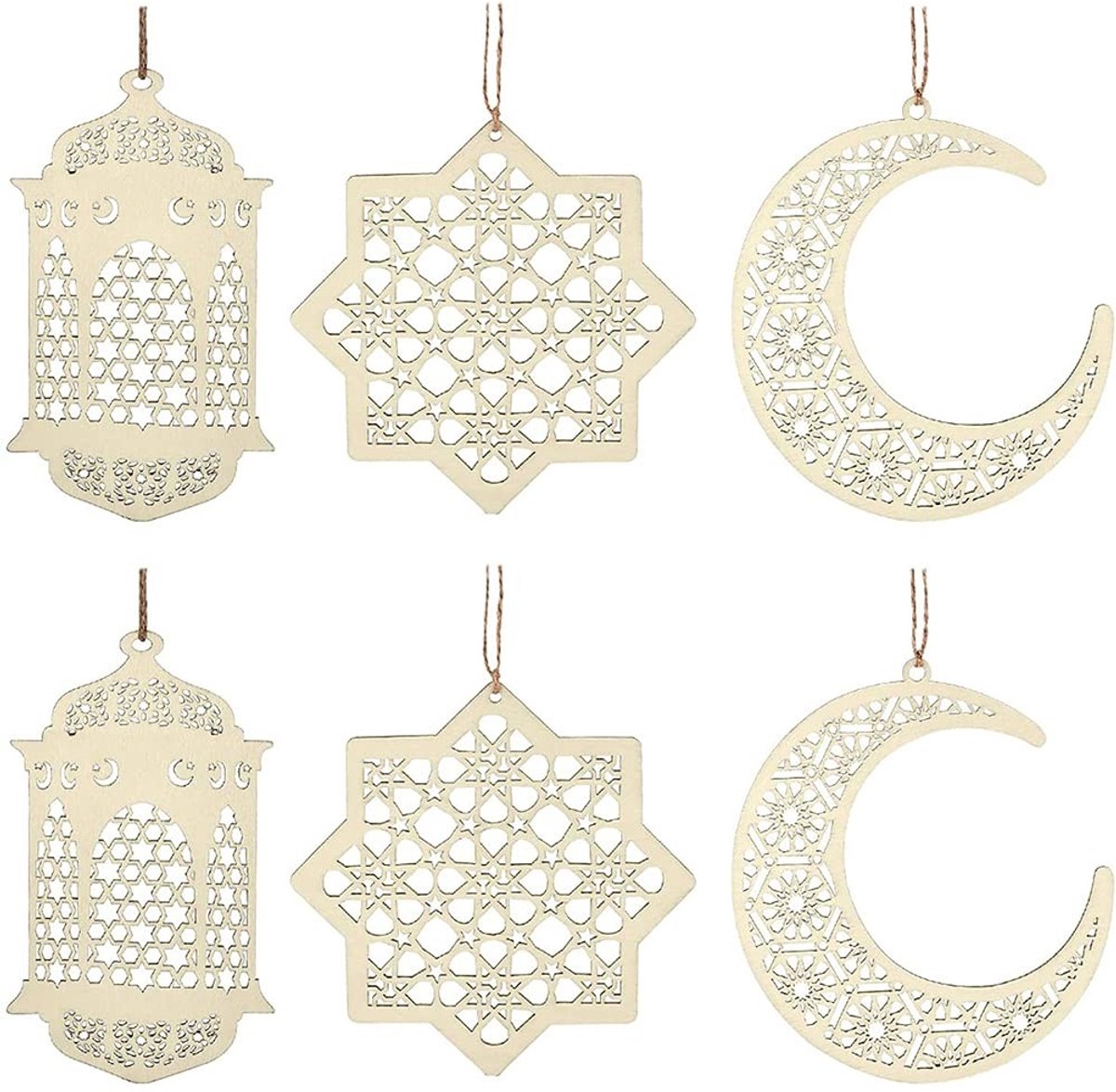 MTTproducts- Hanger Houten Decoratie - 2 Sets/6 Stuks - Maan/Ster Ornament - Ramadan Mubarak/Eid - DIY Meubels Decoratie - Veilig en Duurzaam