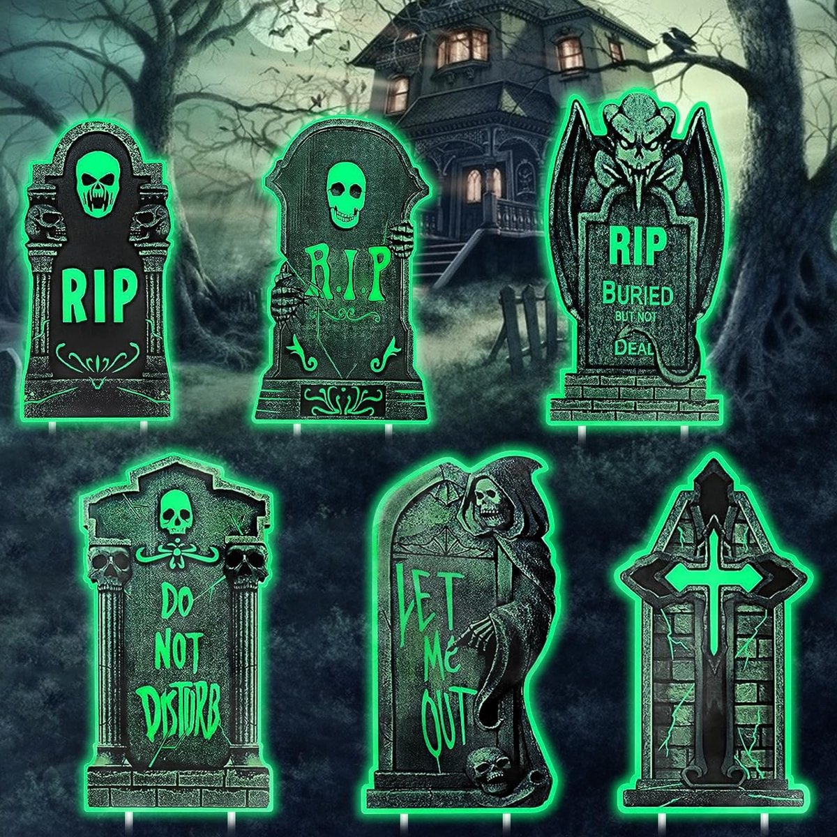 MTTproducts- Grafsteen Oplichtend - 6 Stuks Halloween Decoratie - Buitenshuis/Inhuis - Duurzaam PP-Hol Karton - Eenvoudig Te Monteren - Griezelige Sfeer