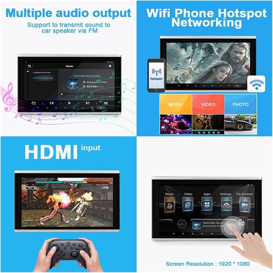 Draagbare dvd-speler voor videospelers op hoofdsteunen in auto's 10.1 Inch Auto Hoofdsteun Monitor IPS Touchscreen 1080P Auto Achterbank Videospeler FM AirPlay HDMI In met HD-roterend scherm (Color : — afbeelding 2