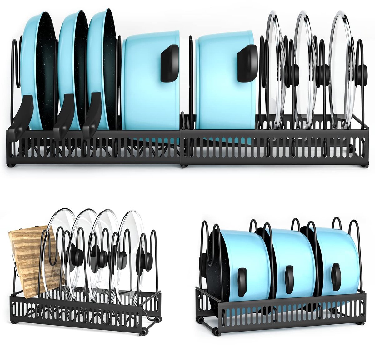 Cosensi- Pothouder met 10 Potplaatsen - Dekselhouder - Keukenorganiser - Uittrekbare Steunen - Carbon Staal - 32.5 x 19.5 x 10 cm - Pannenhouder