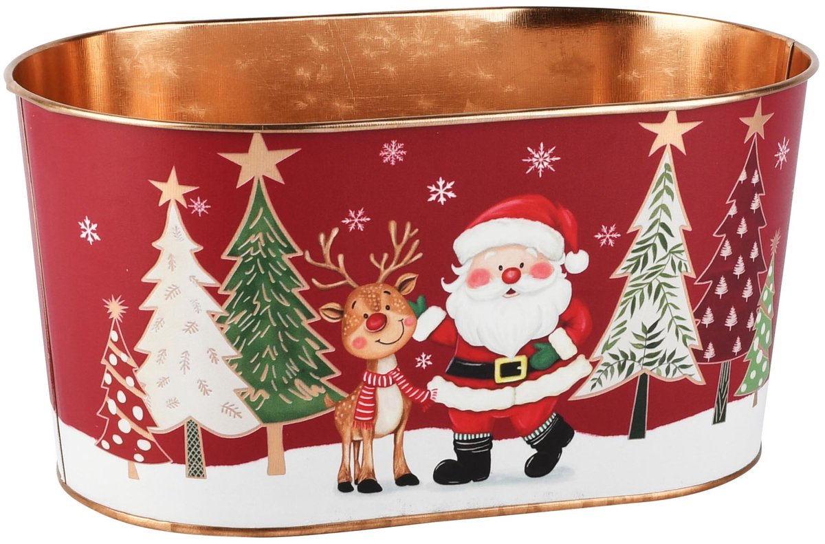 Dekoratief | Bloempot ovaal 'Jolly Santa', metaal, 23x14x11cm | A265615