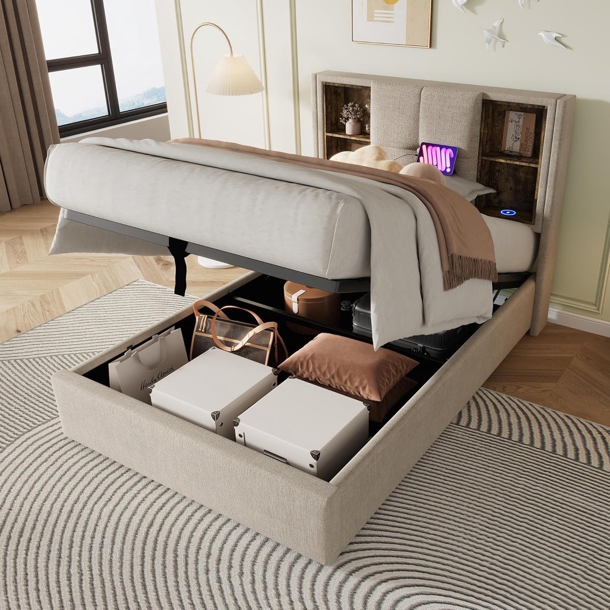 Opbergbed 90x200 cm met Hoofdbord en Lattenbodem, Gestoffeerd Eenpersoonsbed