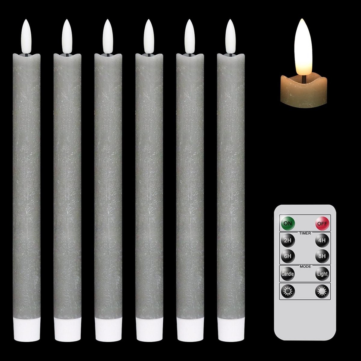 Vlamloze Taperkaarsen - LED Kaarsen Waxinelichtjes - Sfeerverlichting Creëren - Echte Wax Met 3D Vlam - 6 stuks - Grijs