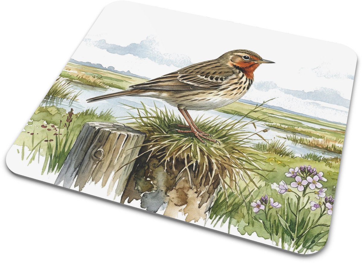 Muismat Roodkeelpieper (Anthus cervinus) op houten paaltje Aquarel Series - Schilderachtige vogel illustratie in weidelandschap - Sfeervolle bureau decoratie - Perfect cadeau voor natuurliefhebber en vogelaar