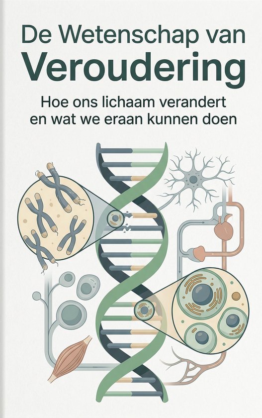 Boekomslag 'De Wetenschap van Veroudering'. Bevat DNA, vergrote chromosomen, cellen, zenuwcellen en een spiervezel.