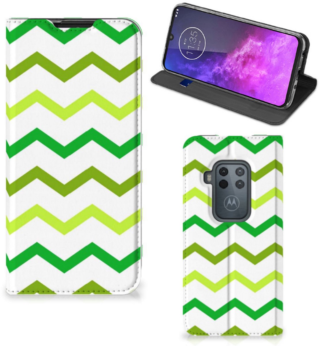 Motorola One Zoom Hoesje met Magneet Zigzag Groen