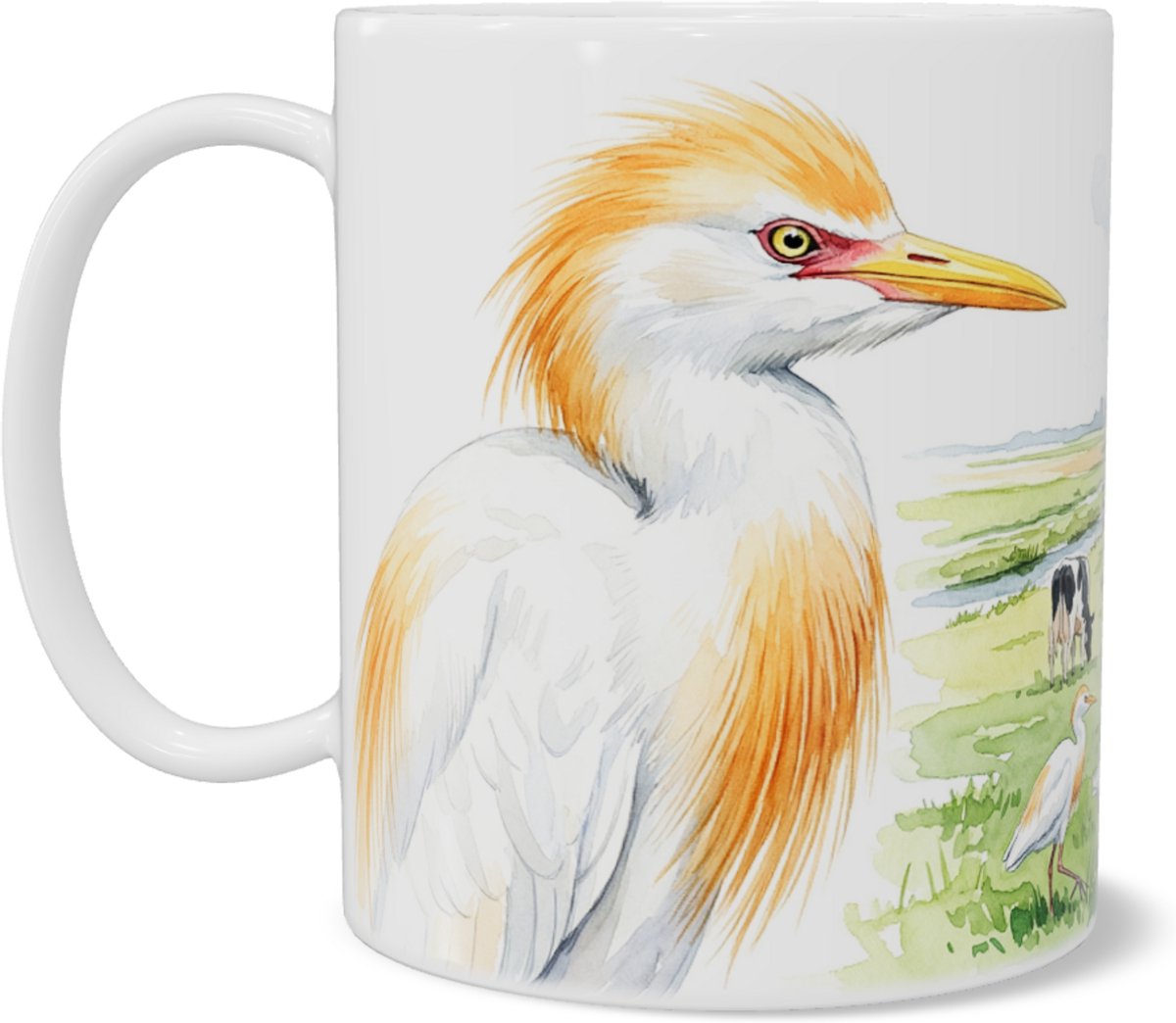 Mok Koereiger (Ardea ibis) in Hollands Polderlandschap - Witte Reiger met Koeien en Molen Illustratie - Natuur en Vogel Koffiemok - Cadeau voor Vogelaar en Natuurliefhebber - Aquarel Series