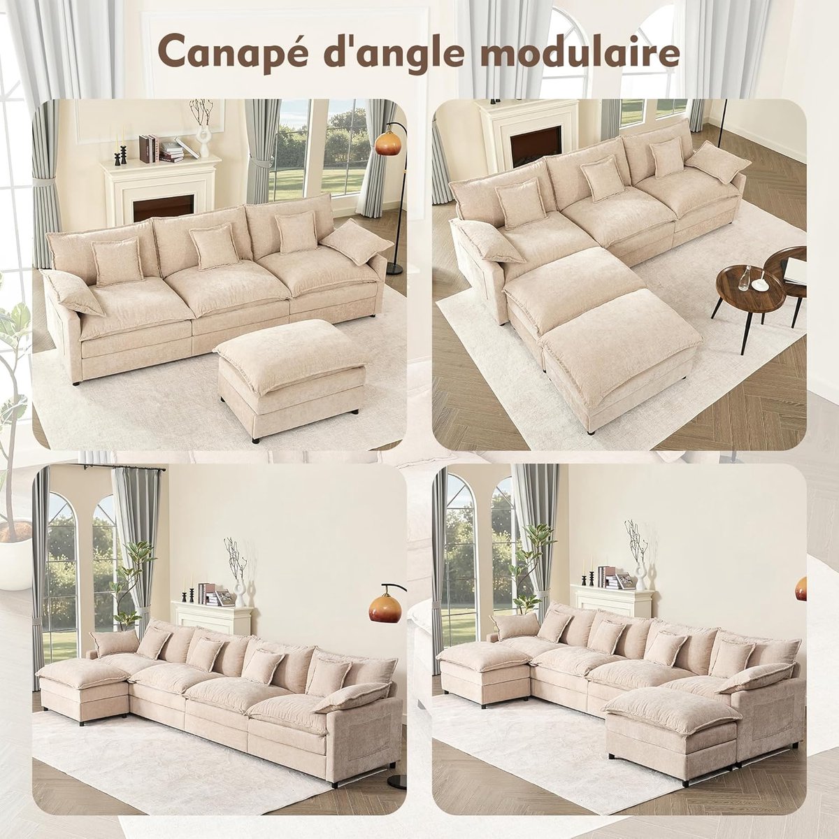 U-vormige modulaire hoekbank 274x145x93 cm – Chenille stof, slaapbank functie, 5-zits, diepe zit 63,5 cm, lichtbruin – Laura