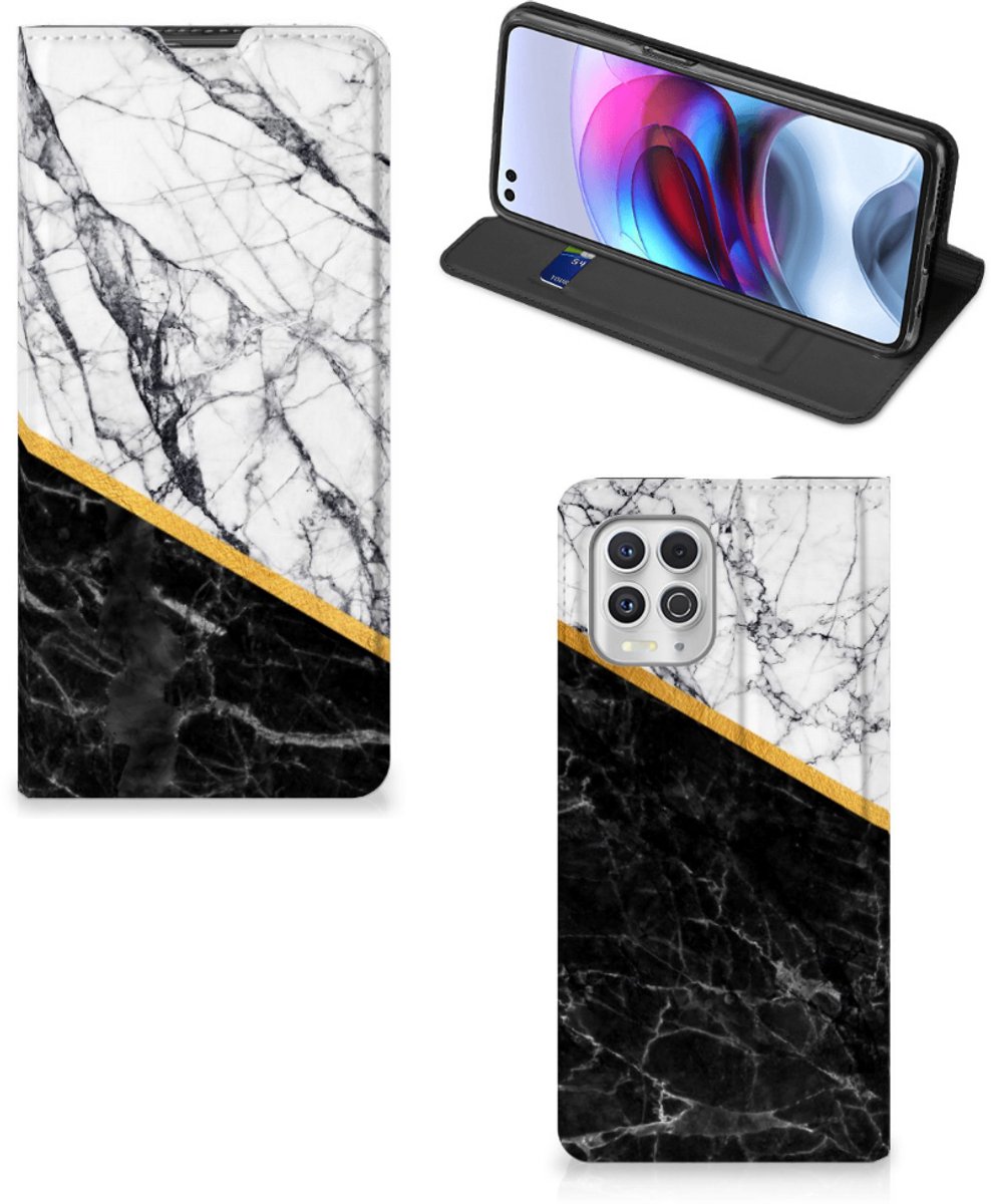 Book Case voor Motorola Moto G100 Standcase Marmer Wit Zwart - Origineel Cadeau Man