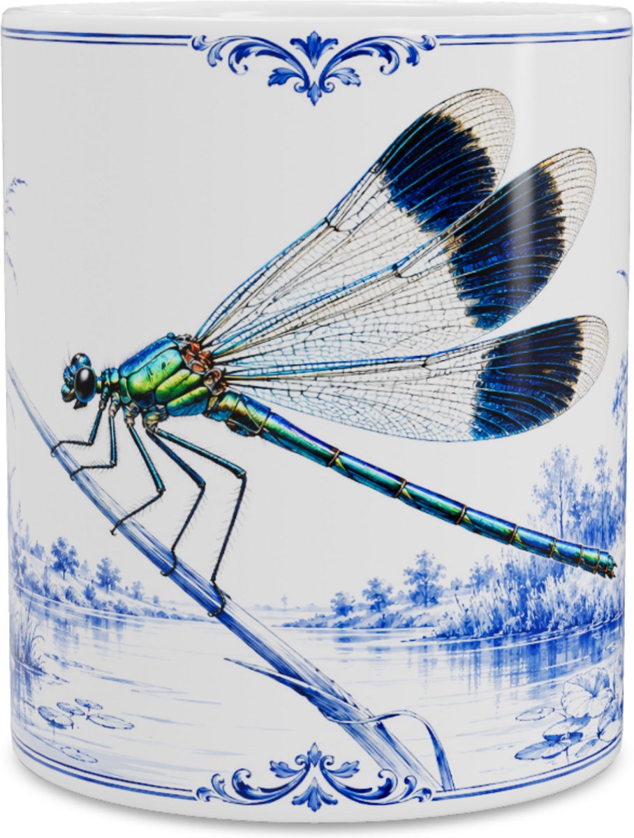 Mok - Weidebeekjuffer (Calopteryx splendens) - Delfts blauw - Aquarel Illustratie