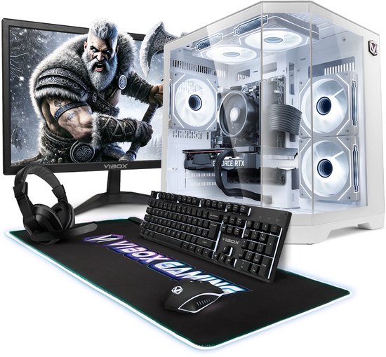 Gaming desktop set met computerkast, monitor met Viking, toetsenbord, muis en headset.