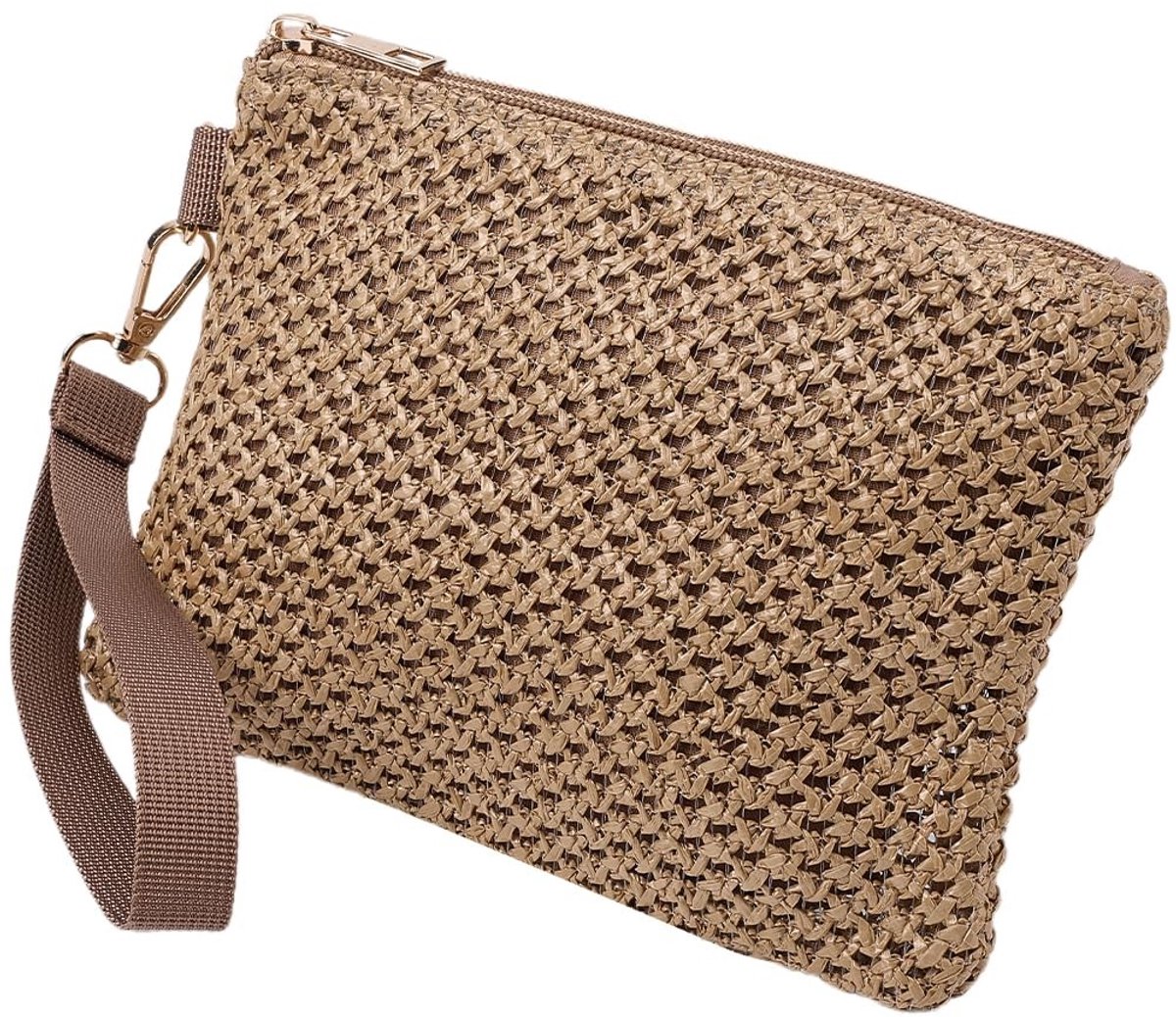 Vlemico - Stro Geweven Cosmetische Pouch - Draagbare Toilettas - Bohemian Stijl - 21 x 15 cm - Make-up Organisator - Perfect voor Reizen - Bruin