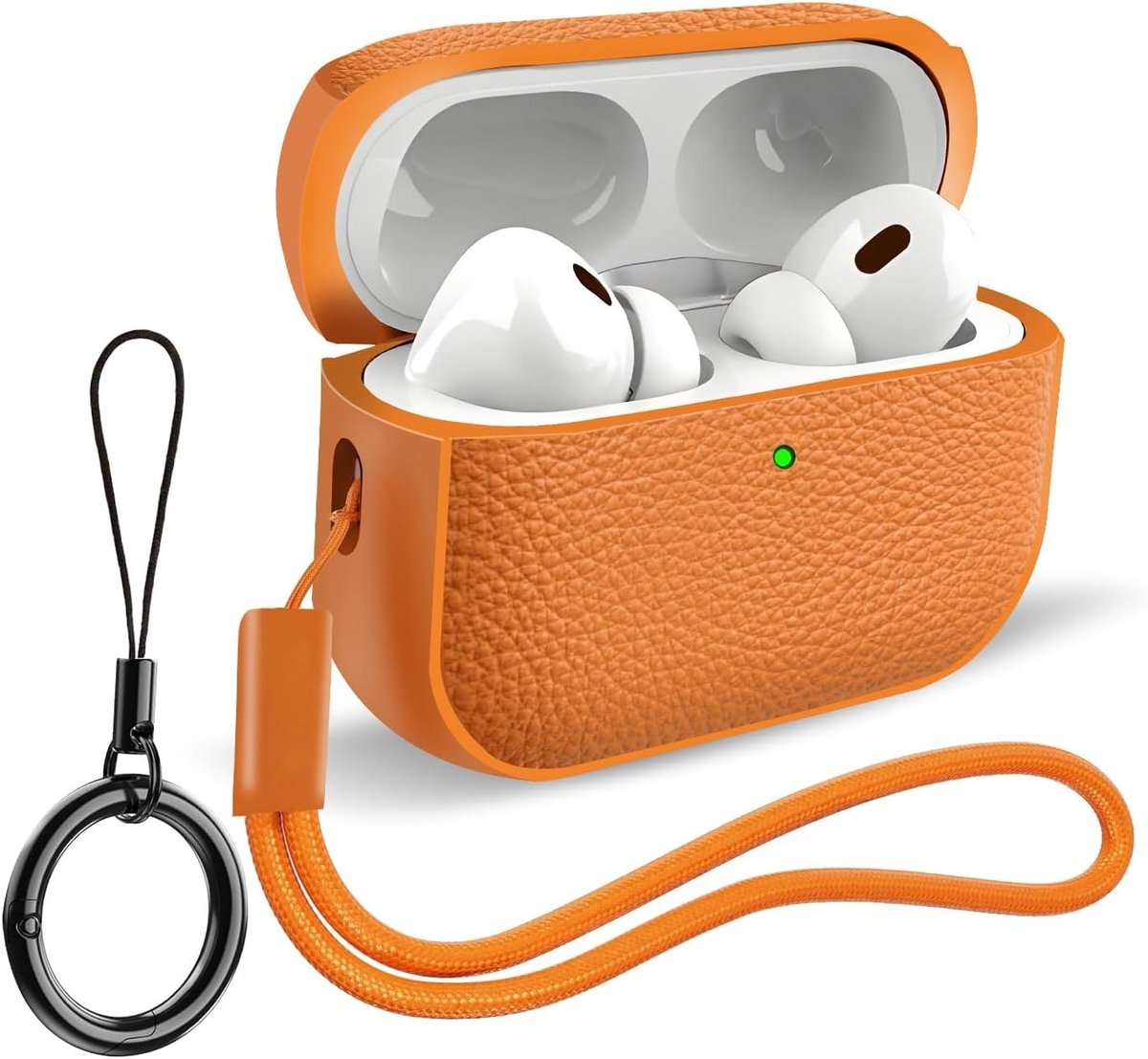 Leren TPU Shockproof Hoes voor AirPods Pro 3 (2025) met Sleutelhanger en Polsband, Oranje, LED Indicator Zichtbaar