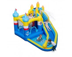 COSTWAY Springkasteel met waterglijbaan, springgebied, kinderbadje, waterkanon, klimwand, oceaanballen en basketbal, waterspringkasteel voor kinderen, waterpark voor buiten, 431 x 290 x 259 cm