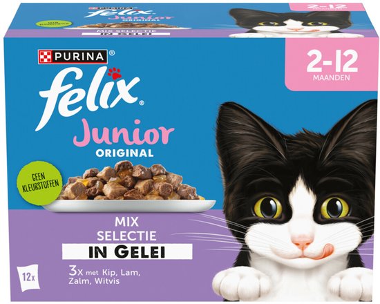 Felix Junior Original Mix Selectie in gelei met kip, lam, zalm, witvis. Geen kleurstoffen.