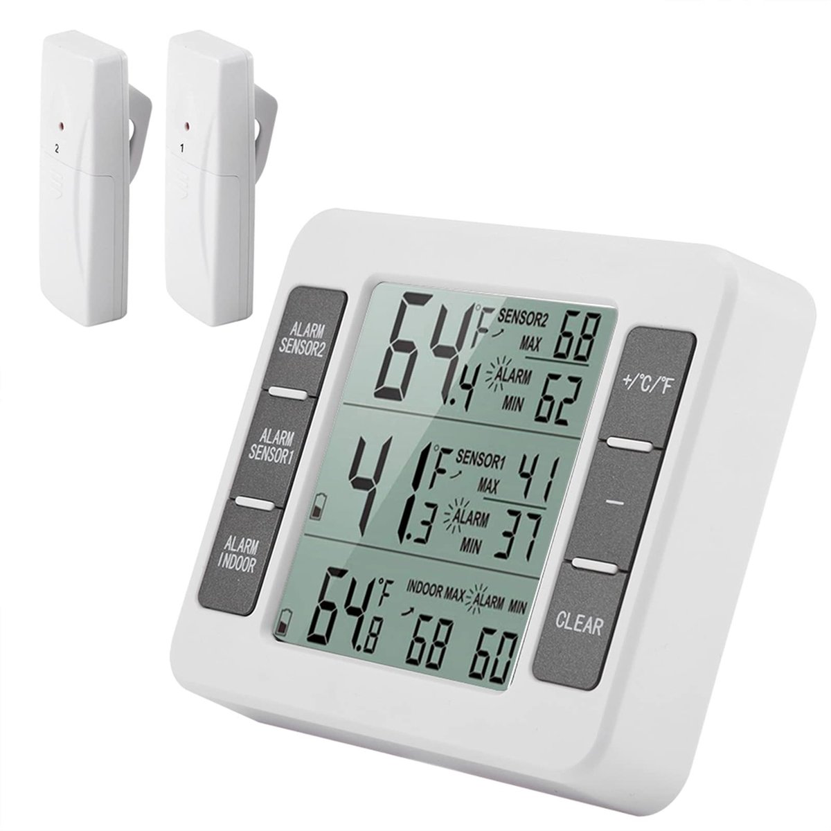 Dailygoods - Temperatuurmeter - Koelkastthermometer - Draadloos met Akoestisch Alarm - LCD-display - Buitenthermometer - Voor Binnen en Buiten - 2 Sen