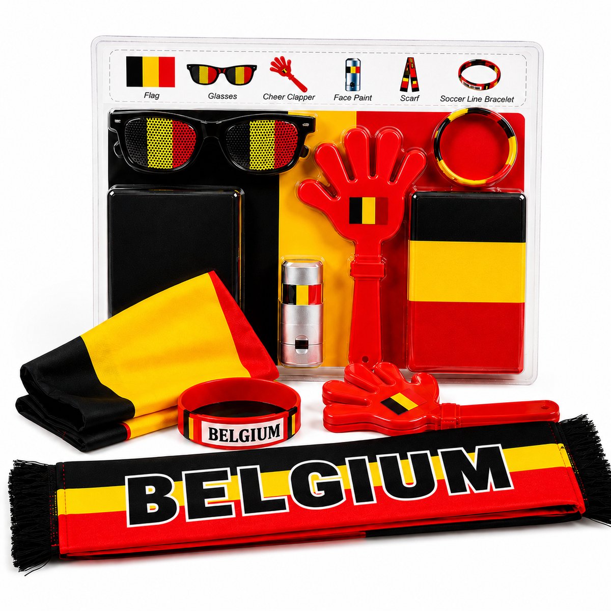 België Voetbal Supporterskit/Feestartikelen voor WK 2026 – Complete Fan Party Feest Set met Vlag, Bril, Clapper, Sjaal, Armband en Schmink