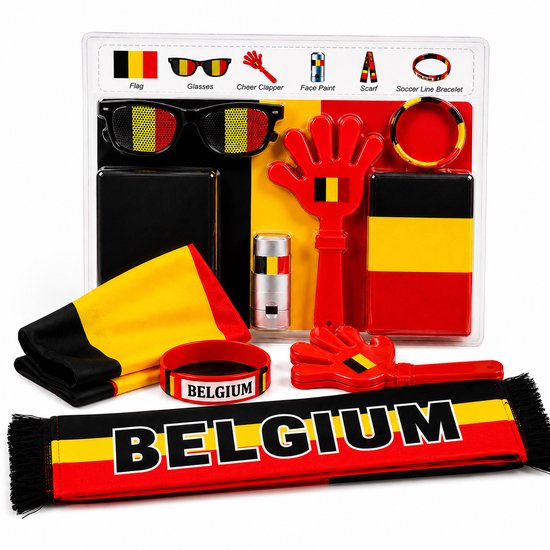 Kit de supporter de football belge / Articles de fête pour la Coupe du Monde 2026 – Kit complet de fête pour fans avec drapeau, lunettes, clapper, écharpe, bracelet et maquillage