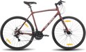 Bordeauxrode Hiland hybride fiets met zwarte banden, gele reflectoren en zilveren velgen. De fiets heeft een 'HILAND' logo op het frame.