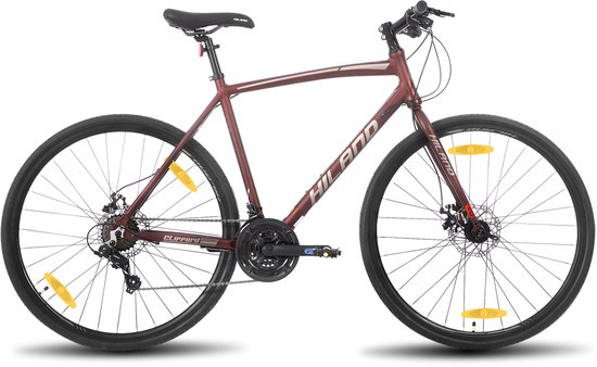 Bordeauxrode Hiland hybride fiets met zwarte banden, gele reflectoren en zilveren velgen. De fiets heeft een 'HILAND' logo op het frame.