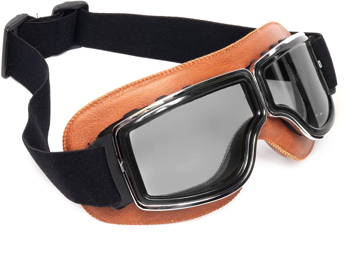 KIMU® Goggles Motorbril Skibril - Bril Bruin Montuur - Zwarte Glazen - Pilotenbril Piloot Retro Motor Steampunk Lederen Scooter Solex Heren Festival