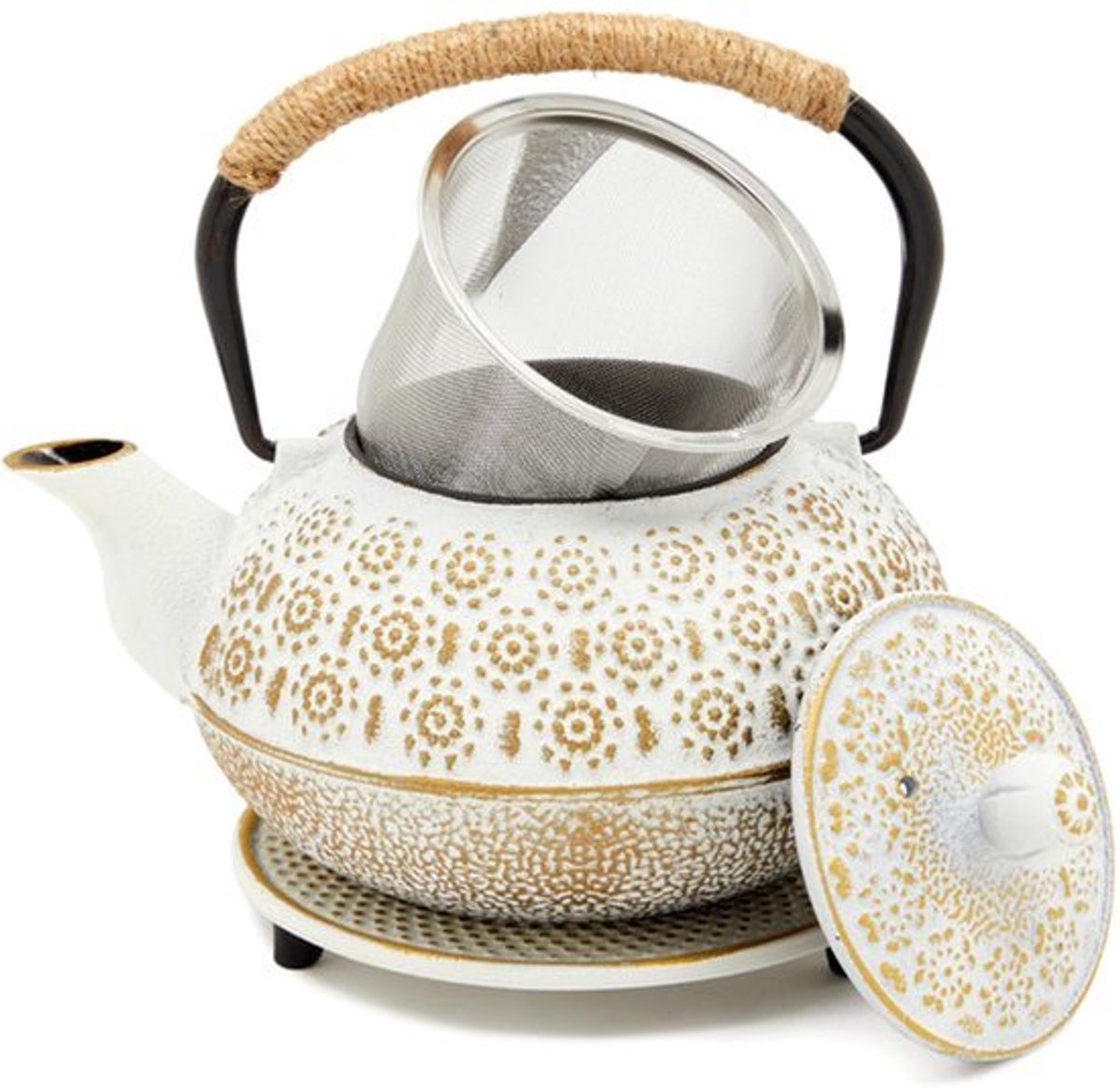 Witte Gietijzeren Theepot Japanse 800 ml met Infuser en Trivet