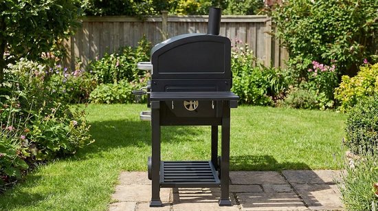 Houtskool BBQ Grillwagen XXL - Staande Barbecue met Deksel & Thermometer, In Hoogte Verstelbare Kolenbak, Warmhoudrooster, Ventilatie & Zijtafels - House&Garden Pro Smoke Station XXL - 153x73x137 cm (Grijs) — afbeelding 2