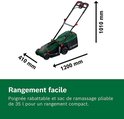 Groene Bosch grasmaaier met afmetingen in millimeters.