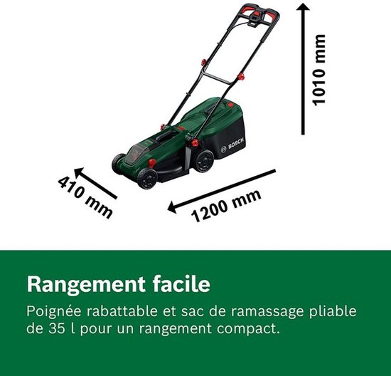 Groene Bosch grasmaaier met afmetingen in millimeters.