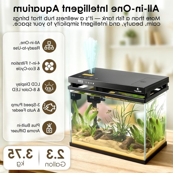 5-in-1 Mini Aquarium Starter Set met LED Verlichting, Automatische Voeding en Zelfreinigende Pomp, 8.6L Nano Aquarium Compleet met Aromatherapie en Onderhoudsvriendelijk Ontwerp — afbeelding 5