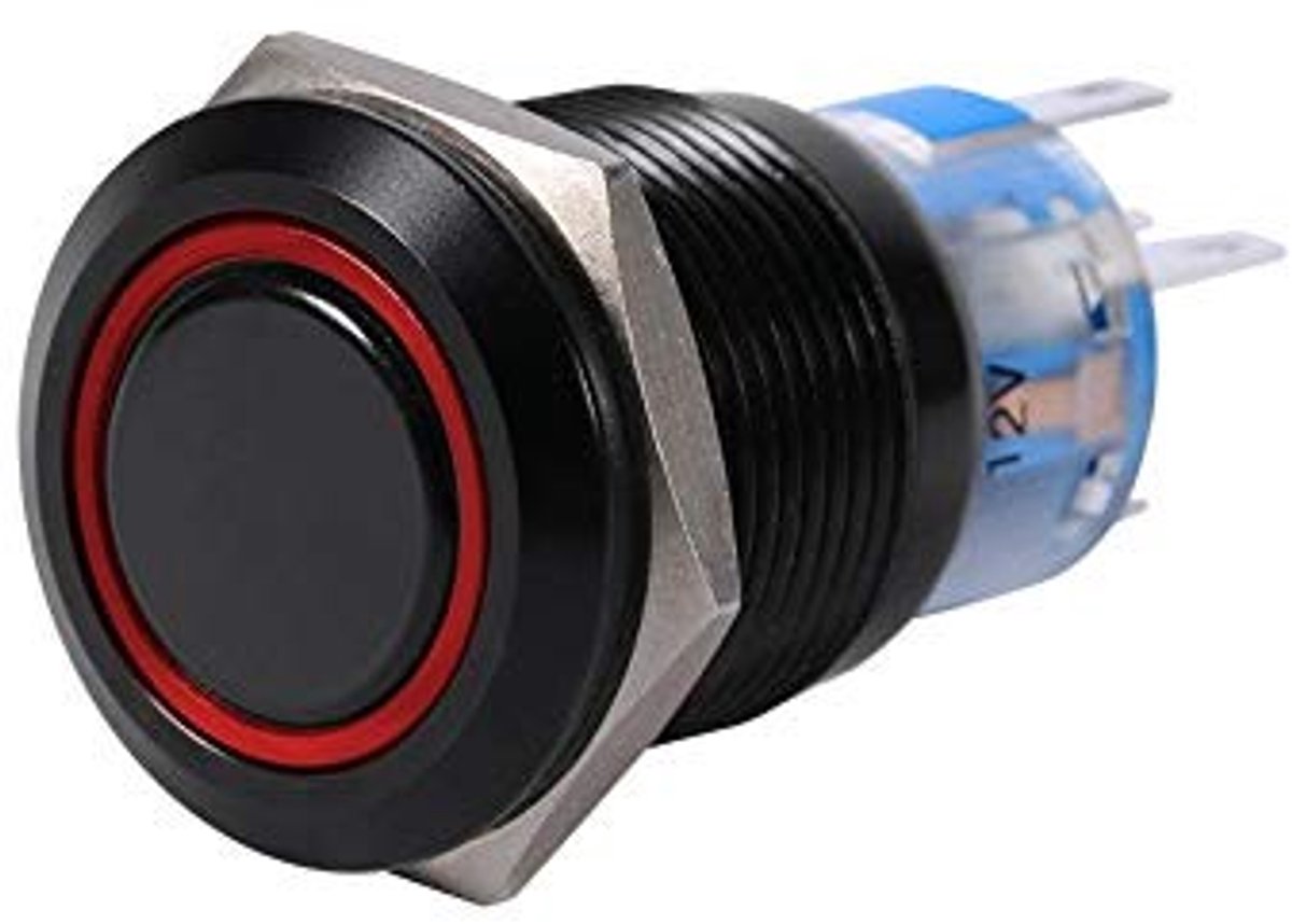 Zeynomax - Waterdichte Drukknop Schakelaar - 19mm - Zelfvergrendelend - Zwart met Rode Indicator - Voor Elektronische Toepassingen - 12V