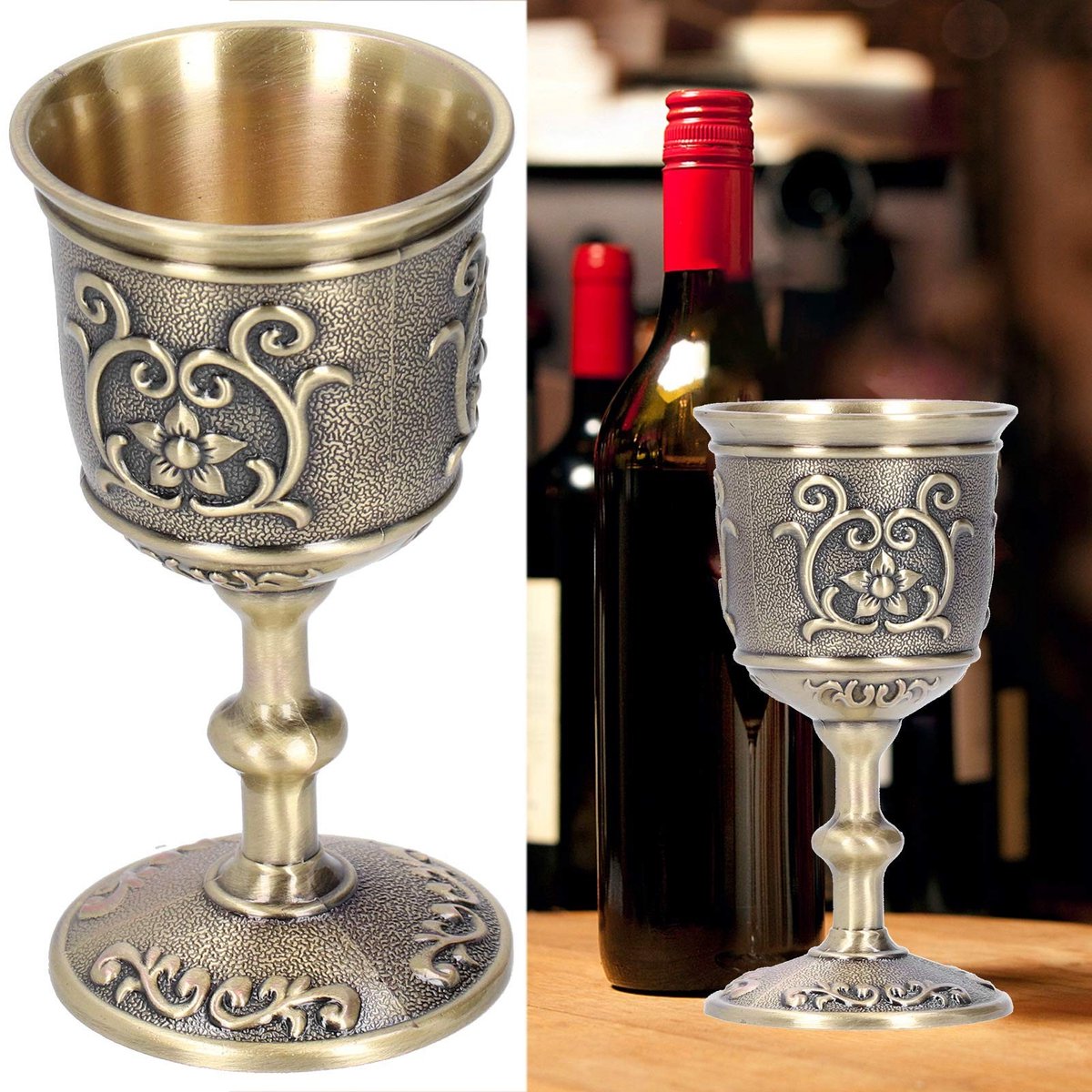 Smoakez - Vintage Reliëf Bronzen Wijnbeker - Middeleeuwse Charmante Kelk - 37 cm - Ideaal Voor Wijn En Melk - Perfect Voor Diverse Gelegenheden