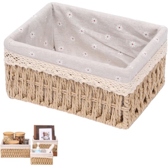 Panier de rangement - Boîte de rangement - Cadre en rotin imitation - Doublure amovible - Panier de rangement pour divers articles - Décoration intérieure - Convient pour le salon, la cuisine et la chambre - Kaki - 18*12*10 cm