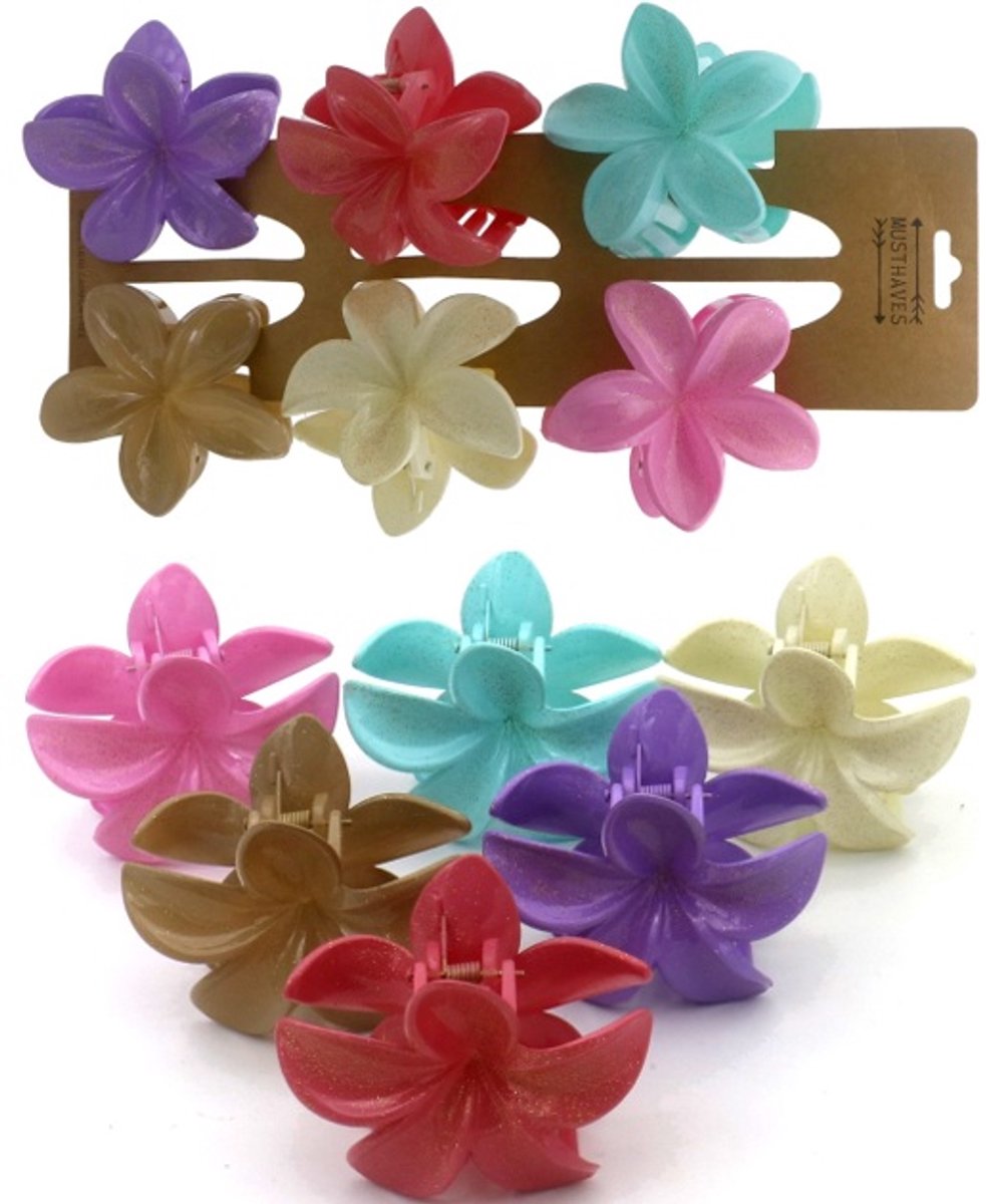 Haarklem - bloemen glitter - 7,5 cm - 6 stuks