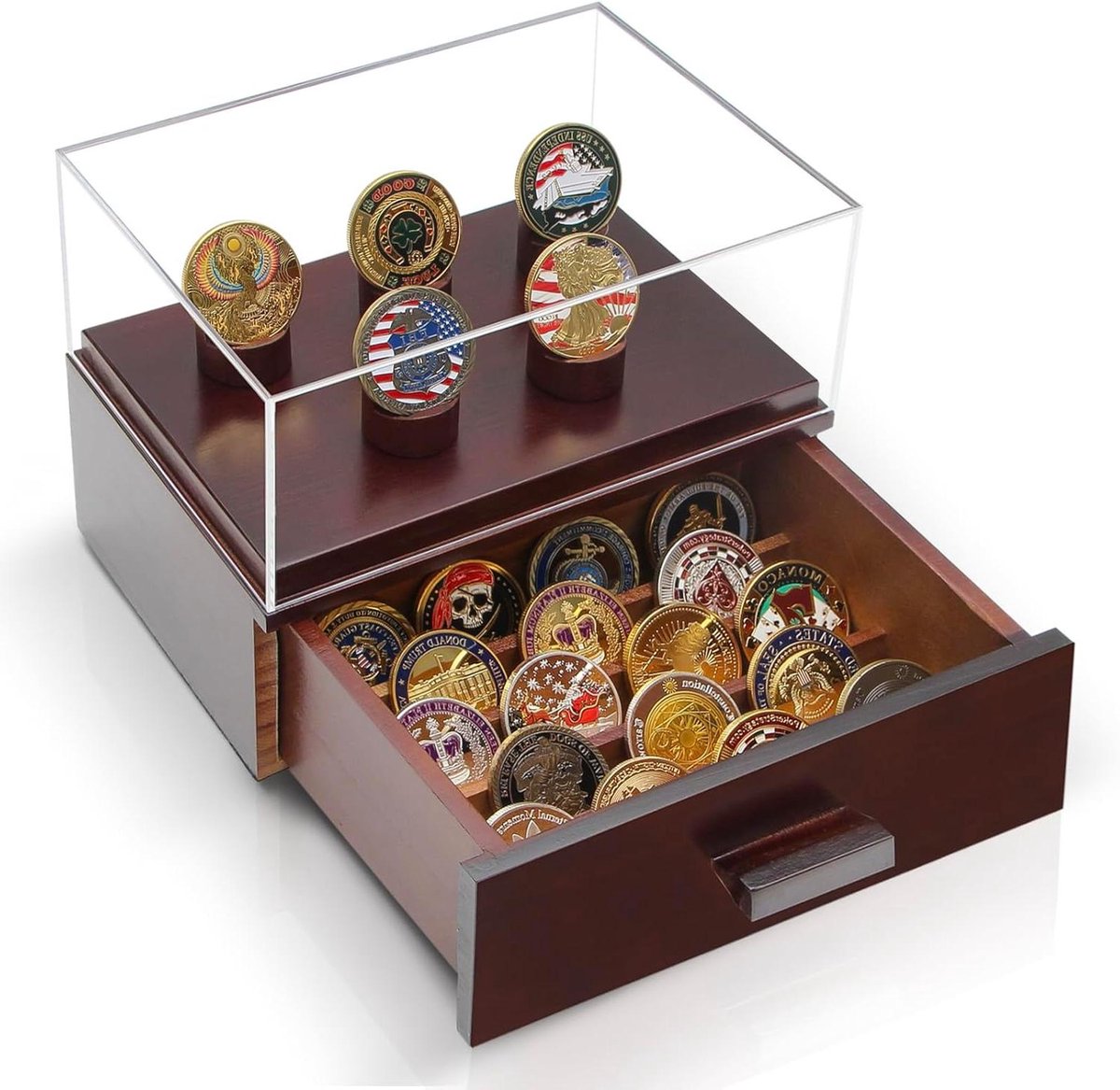 Muntenvitrine Hout - Muntenbox Verzamelhouder - Munten Tentoonstellen - Met Acryldeksel - Niet gespecificeerd - Bruin