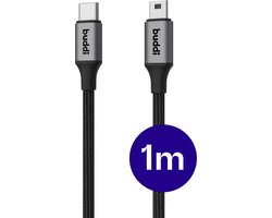 Buddi Flex USB-C naar Mini-USB Kabel - 12W Fast Charge - Korte Kabel - 1 Meter - Kabel voor Playstation 2 en 3 Controller - Voor o.a. Grafische Rekenmachines, GPS, Dashcam, MP3/MP4, Recorders - Zwart
