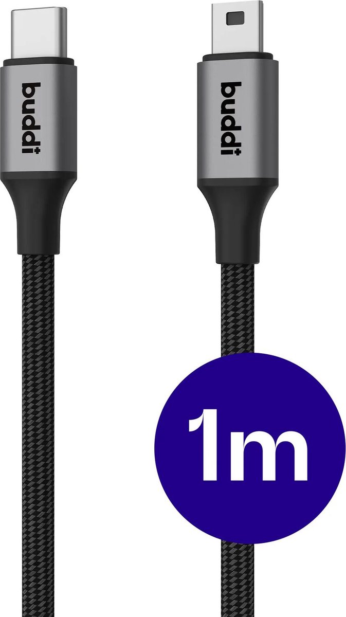 Buddi Flex USB-C naar Mini-USB Kabel - 12W Fast Charge - Korte Kabel - 1 Meter - Kabel voor Playstation 2 en 3 Controller - Voor o.a. Grafische Rekenmachines, GPS, Dashcam, MP3/MP4, Recorders - Zwart