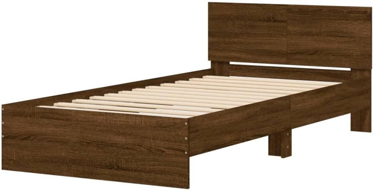 Bedframe met hoofdeinde - Bed ombouw eenpersoonsbed - Goede nachtrust - Bewerkt hout - 100x200 cm - Bruin eiken