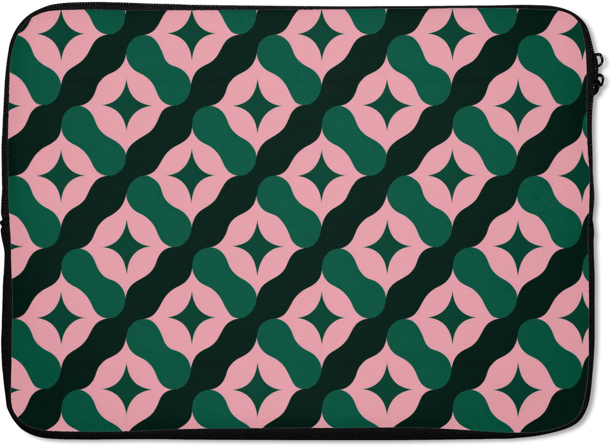 Laptophoes 13 inch - Groen - Roze - Retro - Sterren - Laptop sleeve - Binnenmaat 32x22,5 cm - Zwarte achterkant