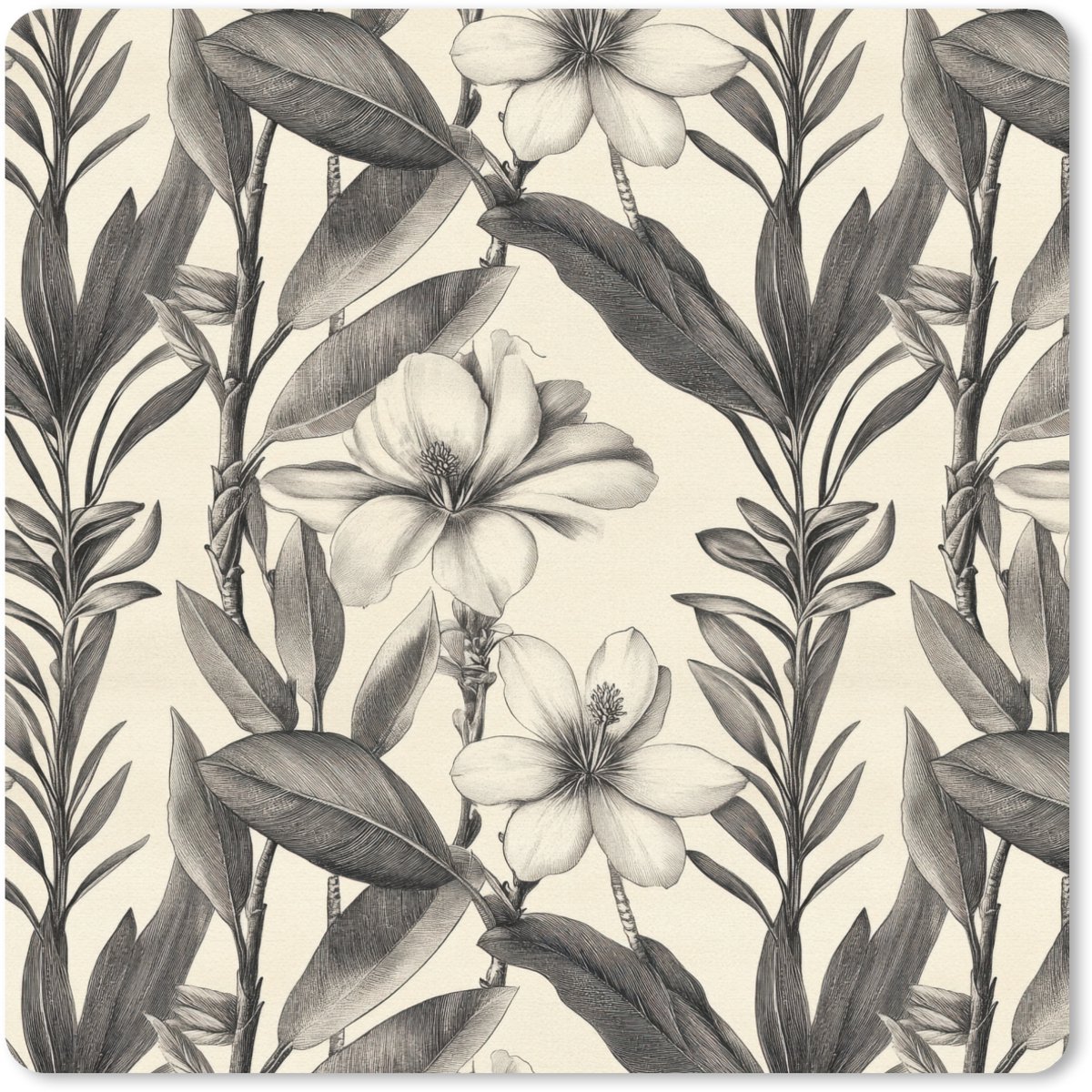 Muismat 20x20 cm - Mousepad Klassiek - Botanisch - Zwart - Beige - Muismatten