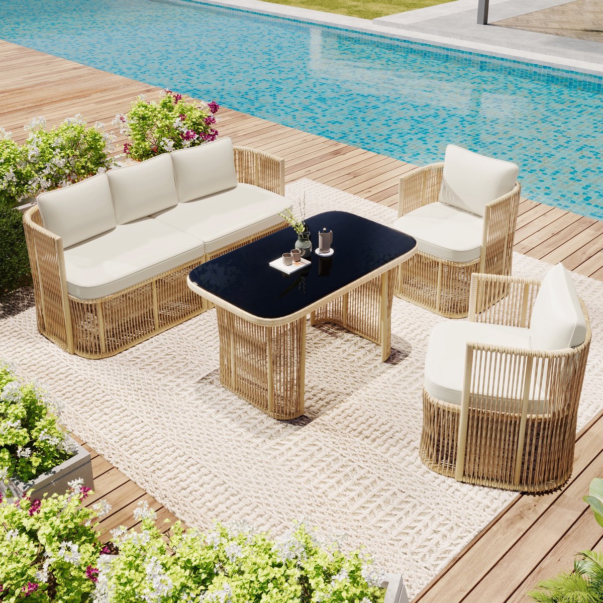 Sweiko Tuinset - 3-zitsbank + 2 fauteuils + Glazen salontafel - PE-rattan - Inclusief kussens - Stalen frame - Beige + Zwart