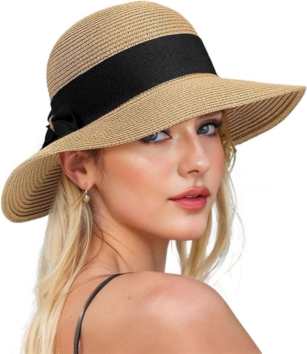 Vrouwen Strohoed met Vouwbare Klep en Brede Rand - UV Bescherming LSF 50+ voor Zomer en Strandgebruik