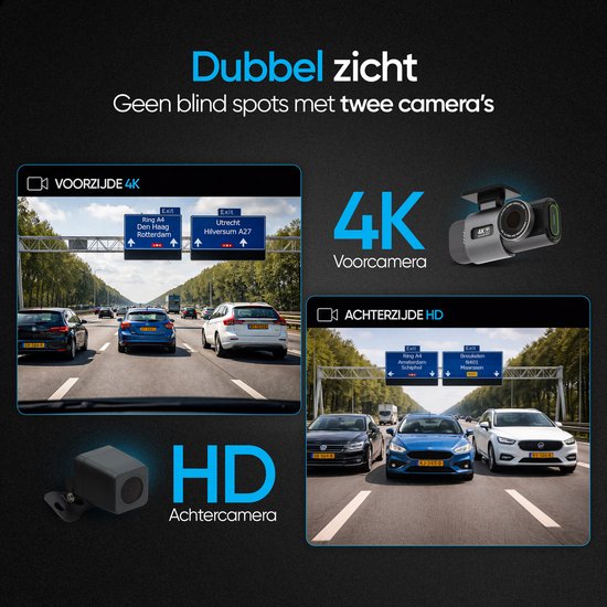 Dubbele dashcam weergave: 4K voorcamera op snelweg, HD achtercamera op snelweg.