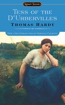 Boekomslag 'Tess of the D'Urbervilles' door Thomas Hardy met een schilderij van een vrouw in een rustieke omgeving.