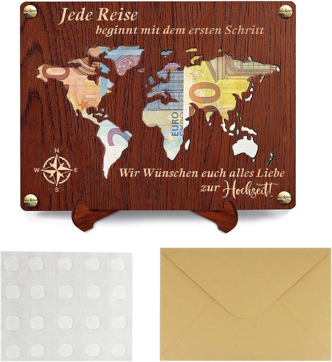 Money gift voor bruiloften - wereldkaart met 2 uprights - 1 envelop - 4 paar schroeven - 19.5 x 15.5 cm - geschikt voor bruiloften - verjaardagen - feesten