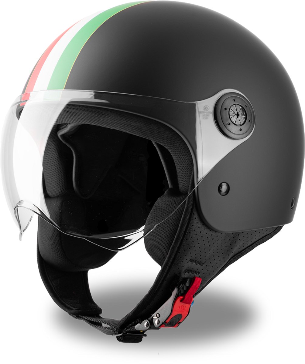 VINZ Gavia Jethelm met Italiaanse Vlag - Scooter Helm, Brommerhelm, Motorhelm - Fashion - Zwart - S