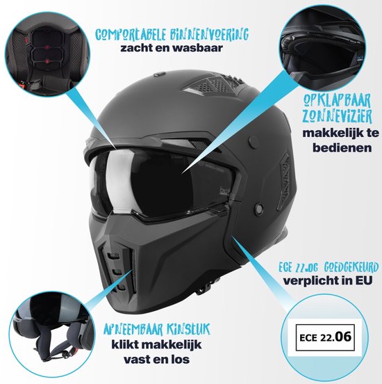Casque VINZ Shuto Streetfighter / Casque Jet / Casque Scooter / Casque Moto - Noir Zwart
