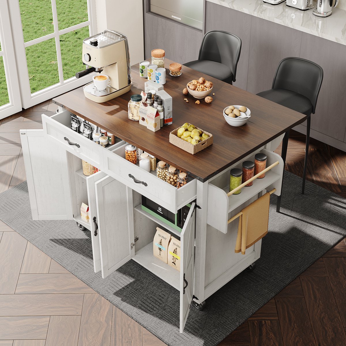 MODENUIT Keukeneiland - Met Uitklapbaar Werkblad En 5 Wielen - Voor Keuken En Eethoek - MDF Wit - 140x45x93 Cm
