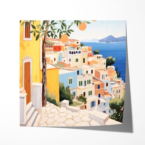Ville Méditerranéenne Vue Mer Jaune - Poster 70x70 cm carré Décoration murale atmosphérique pour salon et chambre - Papier premium - Sans cadre